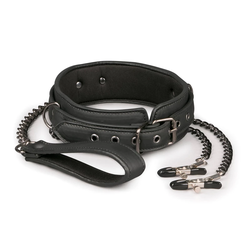 1625143015.ET280BLK Faux Leather Collar with Chain Attachment